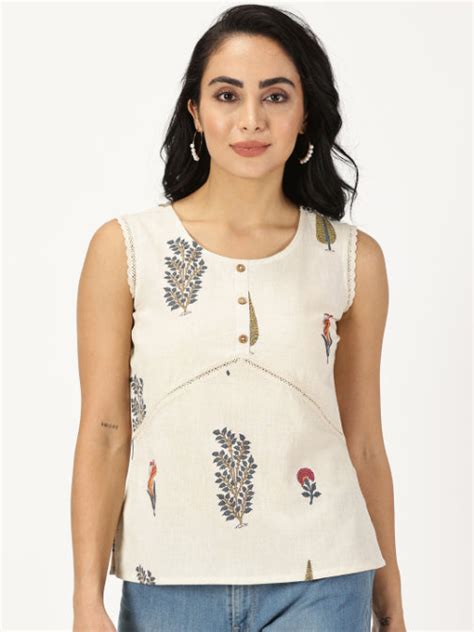 Natural Mughal Print Top with Lace Inserts – Saffron Threads