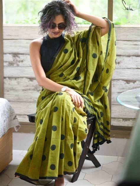 Mulmul Cotton Printed Polka Dot Saree In Green|Gold Mine|Suta