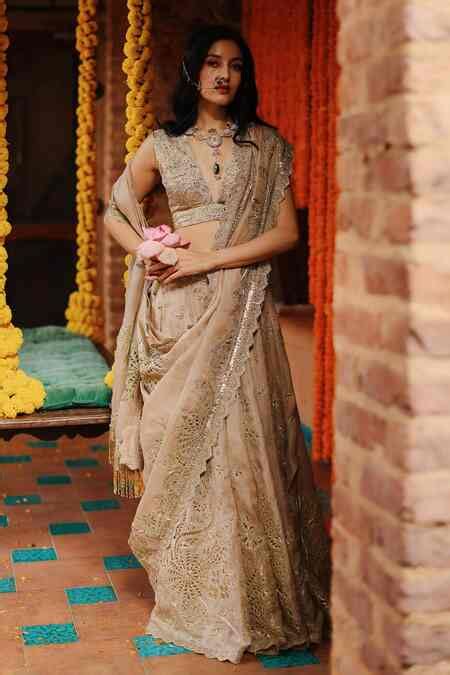 Buy Pink Organza, Silk Embroidery, Zari V-neck Pre-draped Skirt Saree ...