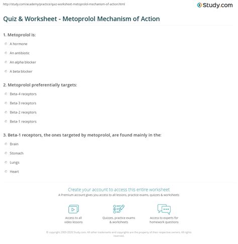 Quiz & Worksheet - Metoprolol Mechanism of Action | Study.com