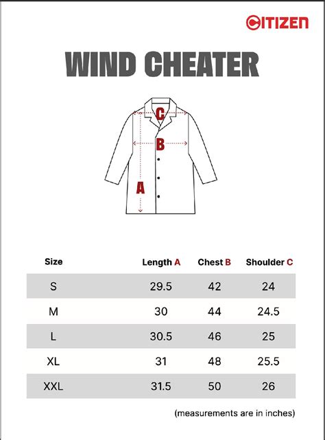 Size Chart-Wind Cheater – Citizen