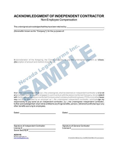 ACKNOWLEDGMENT OF INDEPENDENT CONTRACTOR (Non-Employee Compensation ...