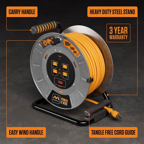 100ft Cord Reel, Metal Cable Drum, Retractable Extension Lead with ...