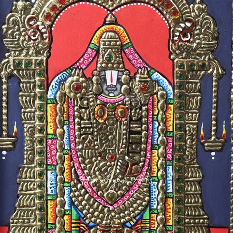 13" Tirupati Balaji Venkateshvara Tanjore Painting in an Elegant Teakw