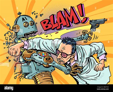 Competition for jobs between humans and AI. Man beats robot with gun ...