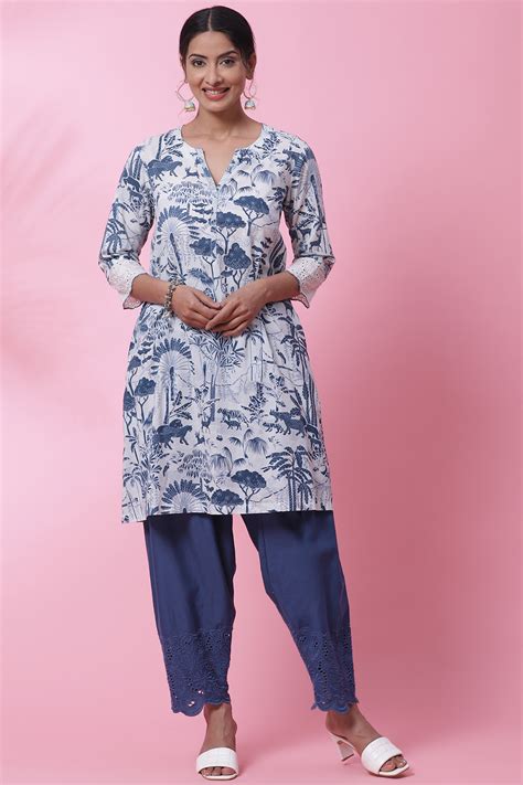 Buy White And Blue Cotton A-Line Kurta Salwar Pant Suit Set Online at ...