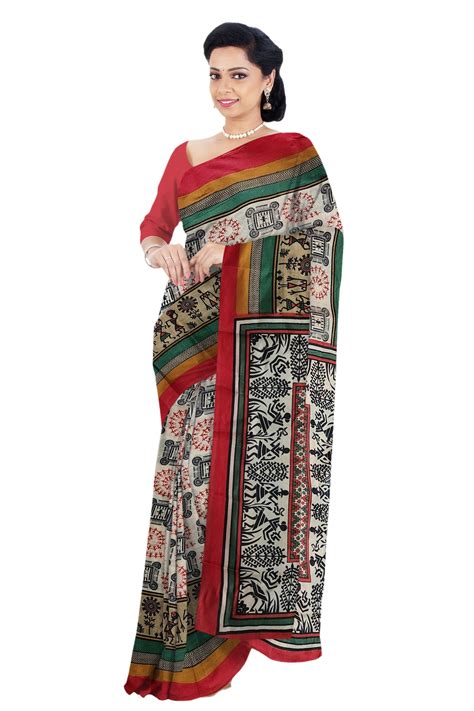 Chitrakala - Cream Red Warli Print Cotton Saree – DoriDhaga