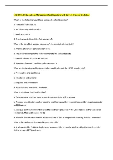 MGMA CMPE Operations Management Test Questions with Correct Answers ...