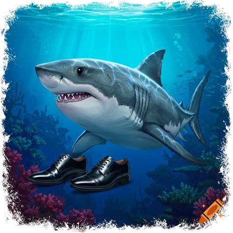 Digital painting of a great white shark standing on human legs wearing ...