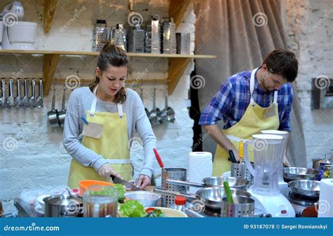 A Couple Cook on the Kitchen. Cooking Class. Stock Photo - Image of ...