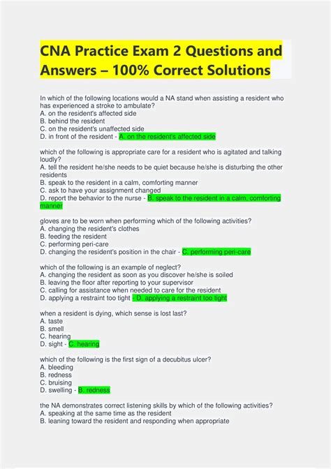 CNA Practice Exam 2 Questions and Answers – 100% Correct Solutions ...