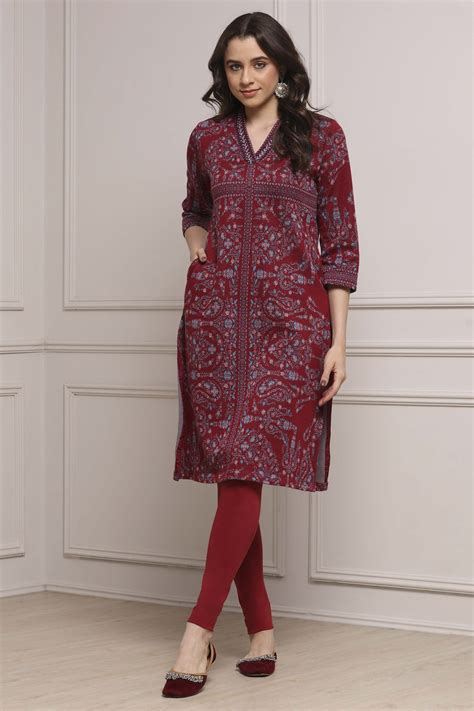 Buy Maroon Yarn-Dyed Printed Straight Winter Kurta Online at Biba India