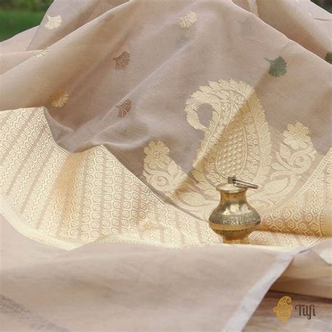 Beige Pure Cotton Banarasi Handloom Dupatta - Tilfi