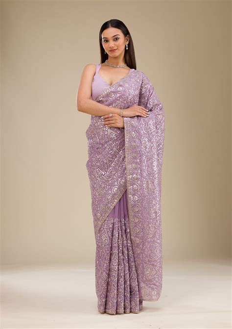 Buy Lavender Zariwork Organza Saree - Koskii