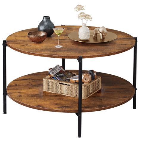 WLIVE Round Coffee Table, Living Room Table with 2-Tier Storage Shelf ...