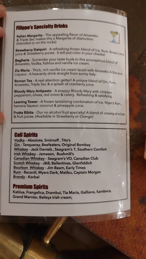 Menu at Filippo's Italian Restaurant, Milwaukee