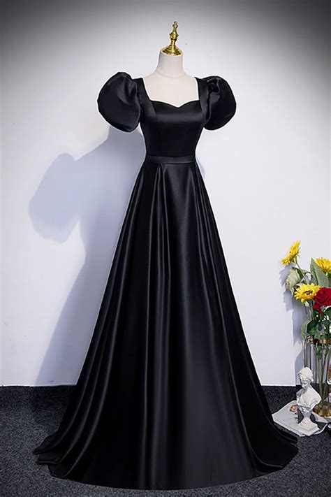 Black Satin Floor Length Prom Dress, Simple Black Short Sleeve Evening ...
