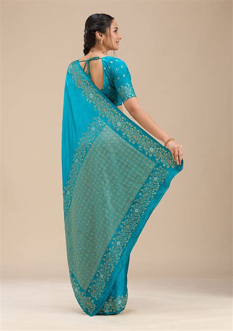 Buy Peacock Blue Banarasi Silk Silk Saree - Koskii