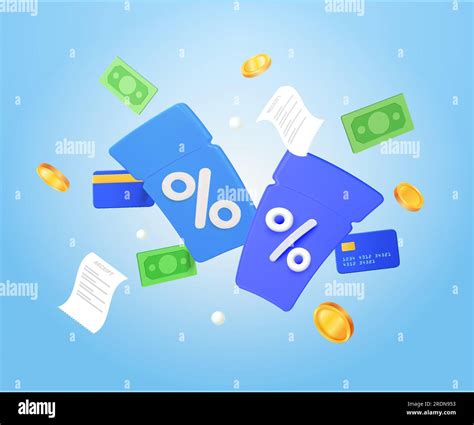 3d vouchers or coupons with banking credit cards, dollar, coins ...