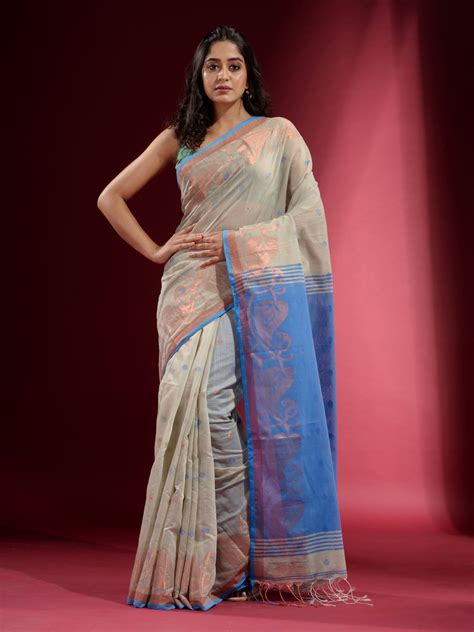 Sage Green Cotton Blend Handwoven Saree With Woven Zari Paisley And Fl ...