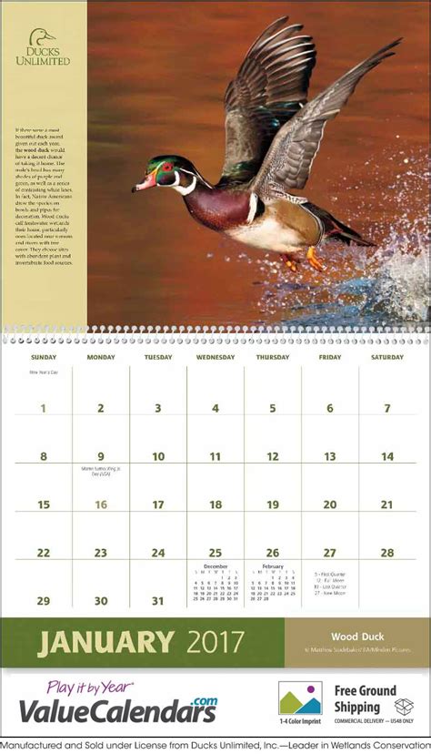 2017 Ducks Unlimited Calendar | 11" X 19" Customized Spiral Bound; Drop ...