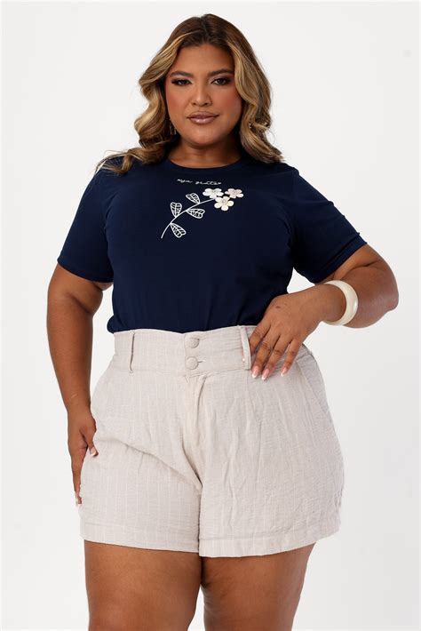 T-SHIRT PLUS SIZE SEJA GRATO APLICACAO FLORES PEROLAS COM PONTO DE LUZ ...