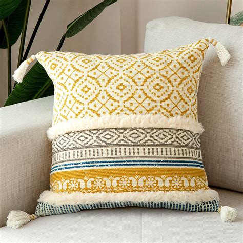 Yellow and grey Boho Tufted cushion cover with Tassles – Modern Homes