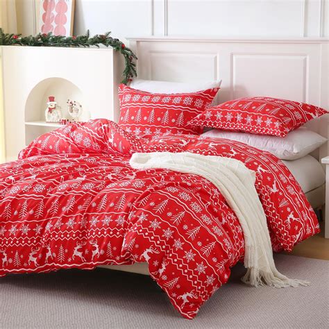 JSD Vintage Christmas Duvet Cover Set Full Size, 3 Piece Red Snowflakes ...
