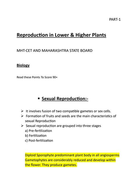 SOLUTION: Reproduction in lower and higher plants class12 - Studypool