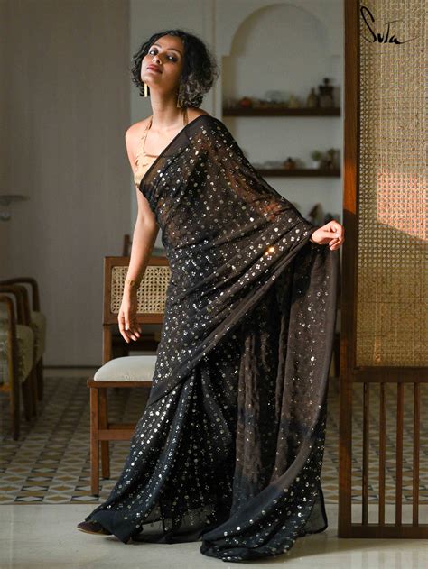 Viscose Georgette Glitter Designer Saree In Black|Vyoma|Suta