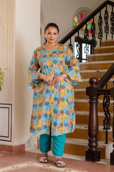 Buy Turquoise Princess Cut 'A' Line Plus Size Kurti For Women – Leeropa
