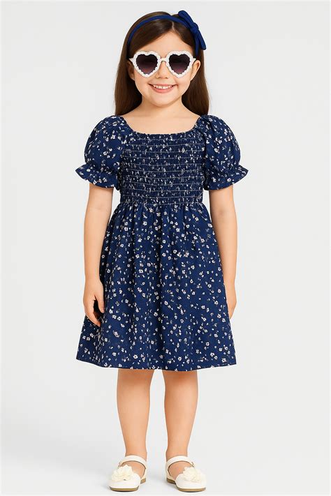 Girls Navy Blue Floral Print Smocked Dress with Puff Sleeves – Stylish