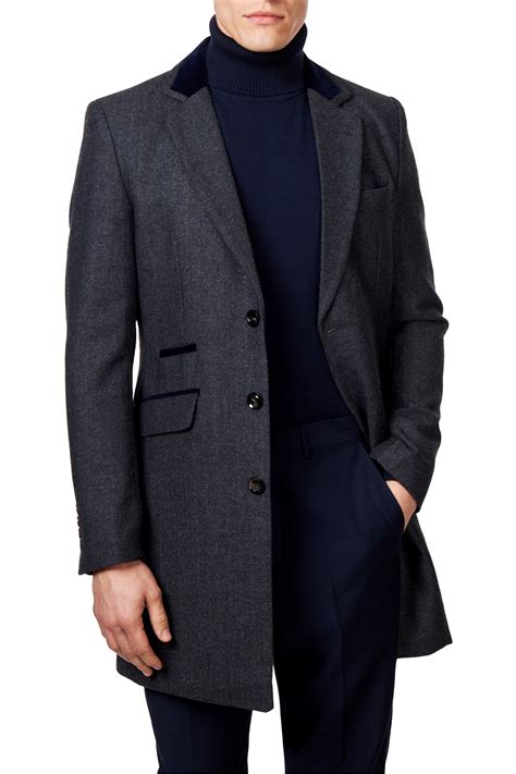 Mens Herringbone Long Overcoat Grey Wool Tailored Length Coat Jacket ...