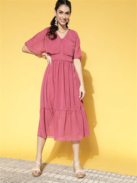 Athena Guava Pink zigzag dobby georgette v neck flair dress – Athena ...