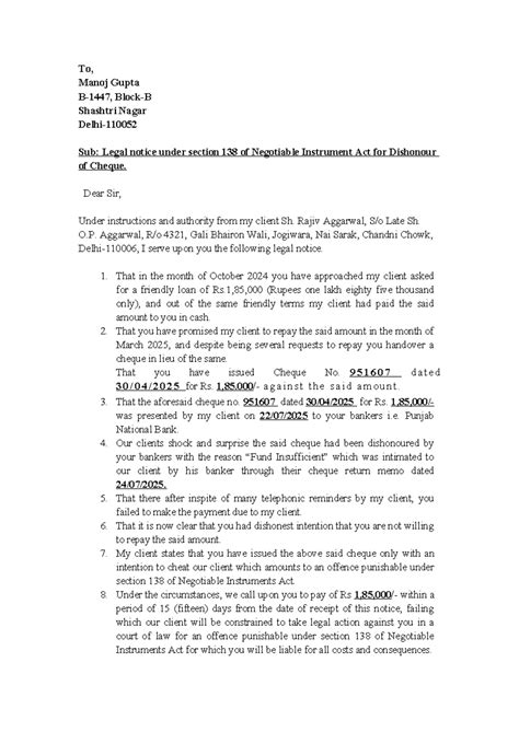 Legal Notice under Section 138 of NI Act for Cheque Dishonour - Studocu