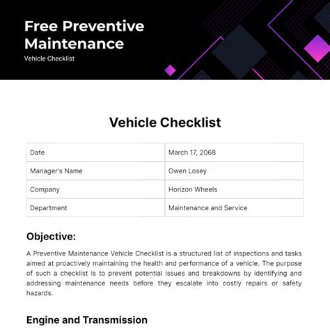 Free Preventive Maintenance Vehicle Checklist Template to Edit Online