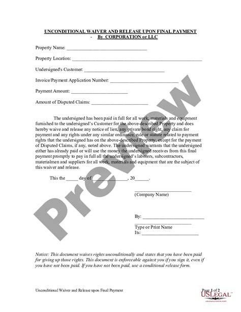 Nevada Unconditional Final Lien Waiver With Notary | US Legal Forms