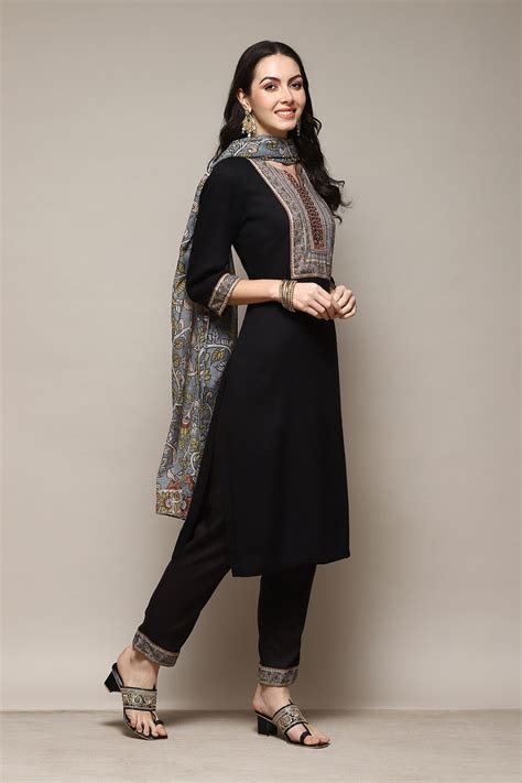 Charcoal LIVA Straight Kurta Slim Pant Suit Set at Biba India