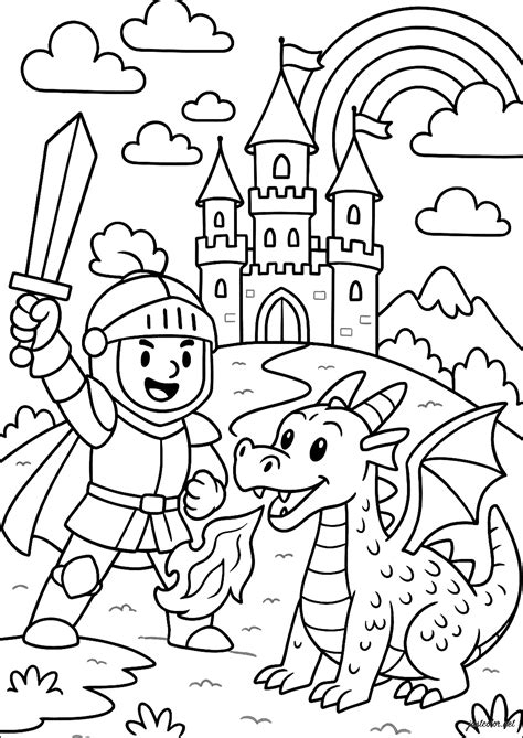 Knight Dragon Coloring Pages Knights Printable Fighting Template Sketch ...