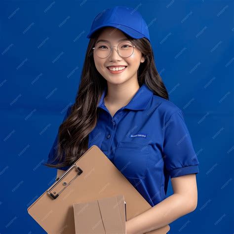 A woman wearing a blue shirt that says she is holding a box | Premium ...