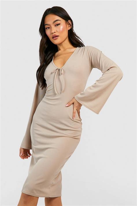 Rib Flare Sleeve Midi Dress | boohoo UK
