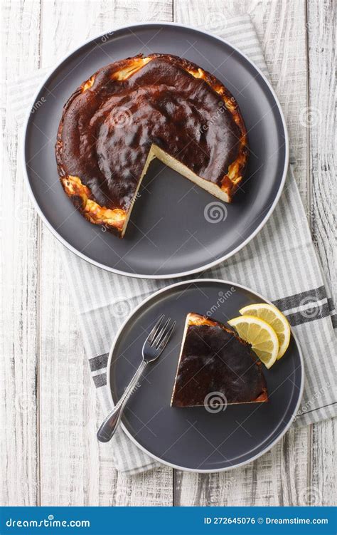 Freshly Baked Spanish Burnt Basque Cheesecake Closeup on the Plate ...