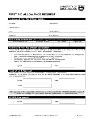 Fillable Online staff uow edu First Aid Allowance Request Form - Staff ...