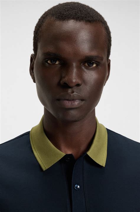 BOSS - Mercerised-cotton slim-fit polo shirt with collar stripe - Dark Blue