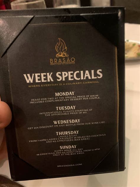 Menu at Brasão Brazilian Steakhouse, San Antonio, I-10