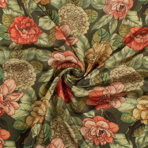 Olive Green And Red Floral Pattern Digital Print Crepe Silk Fabric ...