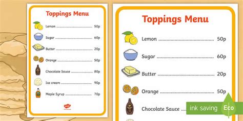 Pancake Cafe Toppings Role Play Menu
