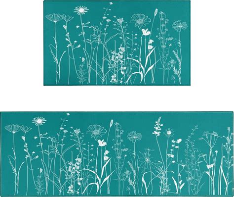 Teal Kitchen Rugs Sets of 2 Floral Kitchen Rug Mat Washable Non-Slip ...