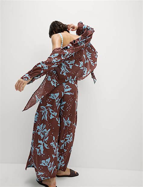 Buy Pure Cotton Floral Elasticated Waist Wide Leg Trousers at Marks ...