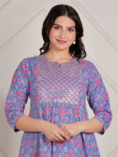 Buy Embroidered Soft Cotton Floral Panelled Blue Kurta & Trousers ...